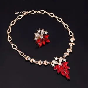 Fashion Diamond-shape Leaves Flowers Necklaces Rings Jewelry 2 PCS Set for Women (Red)