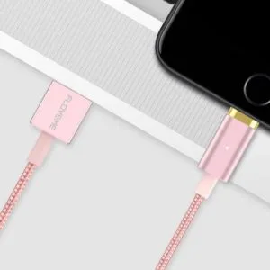 floveme 3 in 1 2.4a 1m nylon weave style 8 pin + micro usb + type c magnetic data sync charging cable (rose gold)