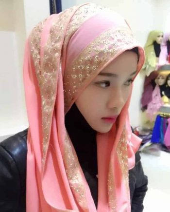 Hijab Scarf Sub Gold Rhinestones Female Long Folk Style (Pink)