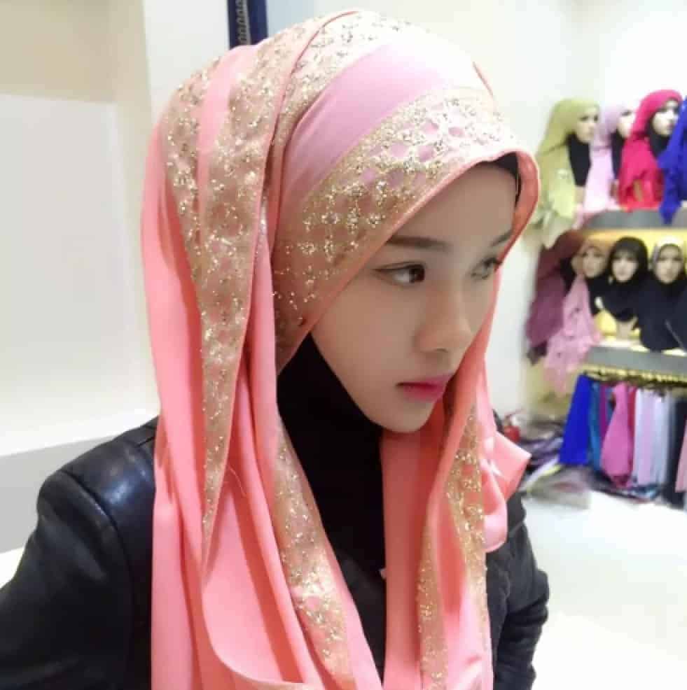 Hijab Scarf Sub Gold Rhinestones Female Long Folk Style (Pink)