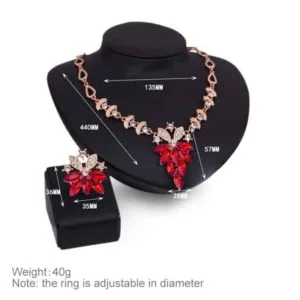 fashion diamond shape leaves flowers necklaces rings jewelry 2 pcs set for women (red)