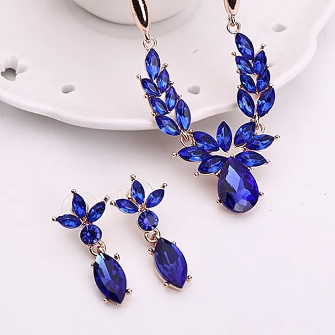 wreath diamond shape necklace earrings ladies innovative novel fashion jewelry set (blue)
