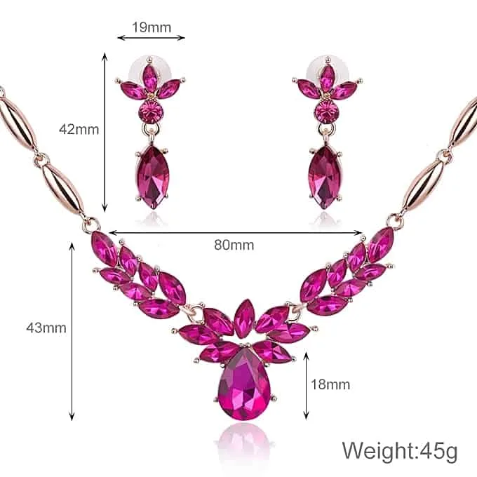 wreath diamond shape necklace earrings ladies innovative novel fashion jewelry set (rose red)