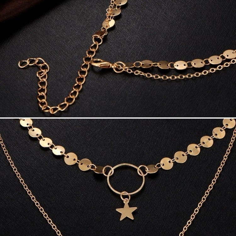 handmade sequins star tassels circle clavicle chain long pendant double layer chain (gold)