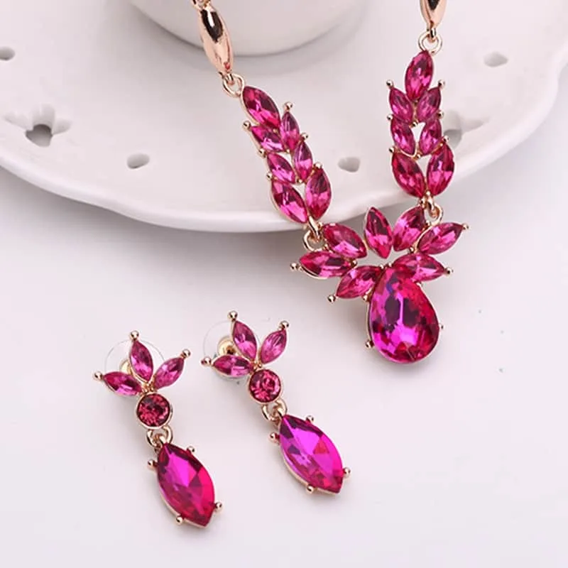 wreath diamond shape necklace earrings ladies innovative novel fashion jewelry set (rose red)