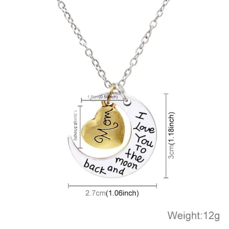 half moon shaped alloy plated pendant necklace with greetings engraved at the backside for family, diameter 3cm, perimeter 9.4cm (silver+gold)
