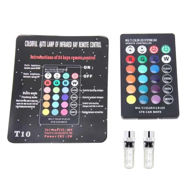 light bulb 2 pcs t10 2w auto flash strobe fade smooth remote controlled colorful led clearance decorative light, dc 12v