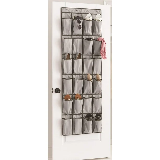 mainstays over the door shoe organizer, hanging shoe holder with 24 extra large fabric pockets for storage men sneakers , women high heeled shoes, and other accessories, grey, item size: 22 w x 1d x 63.5 h inch; grey color