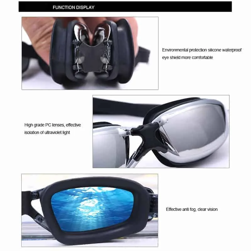 silicone swimming goggles electroplating anti fog for adults, suitable for 600 degree myopia (black)