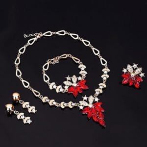 fashion diamond shape leaves flowers necklaces rings bracelets earrings jewelry set 4 pcs for women (red)