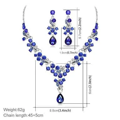 wreath necklace long earrings for ladies fashion prestige temperament rhinestone jewelry 2pcs set (blue)
