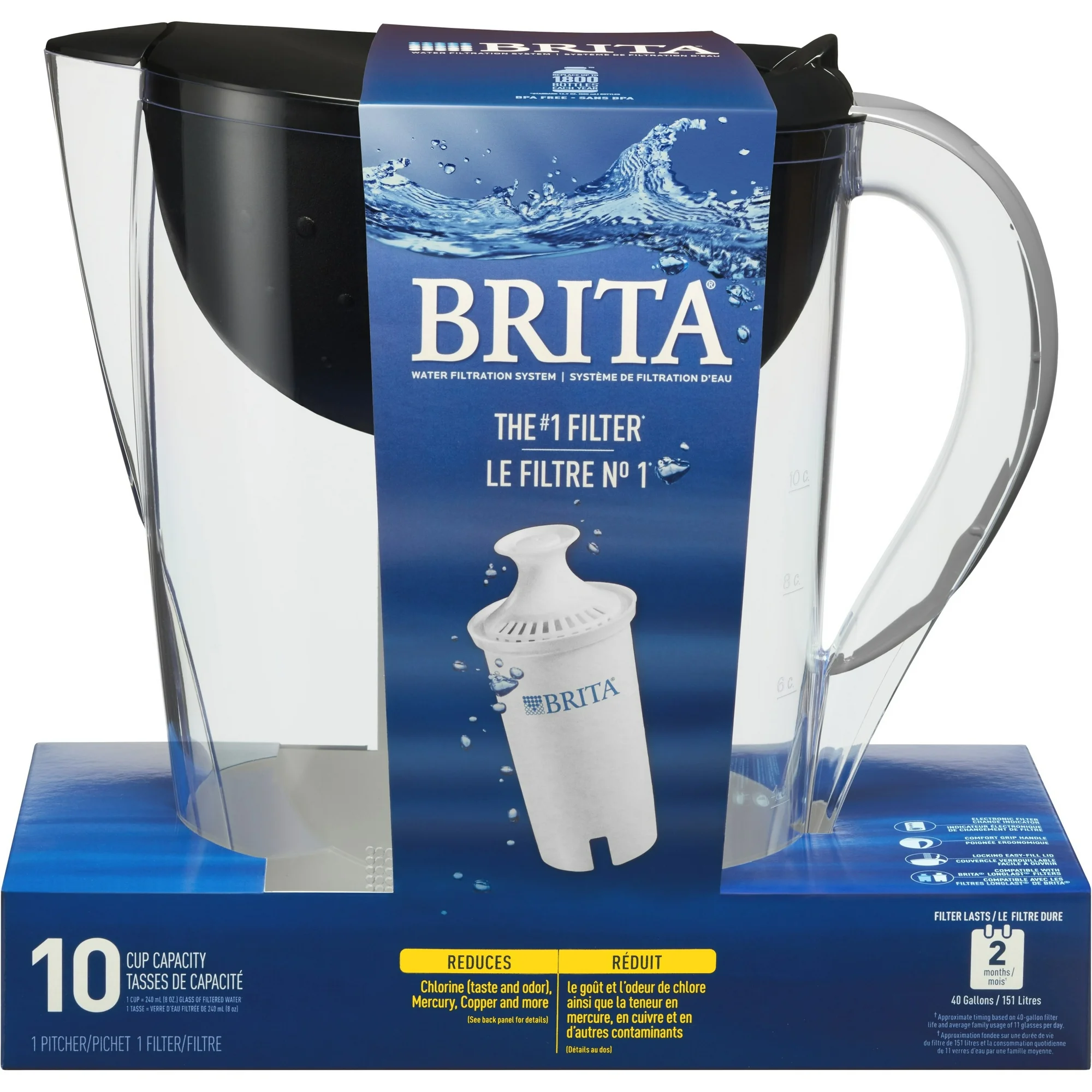 brita pacifica plastic 10 cup black water filter pitcher