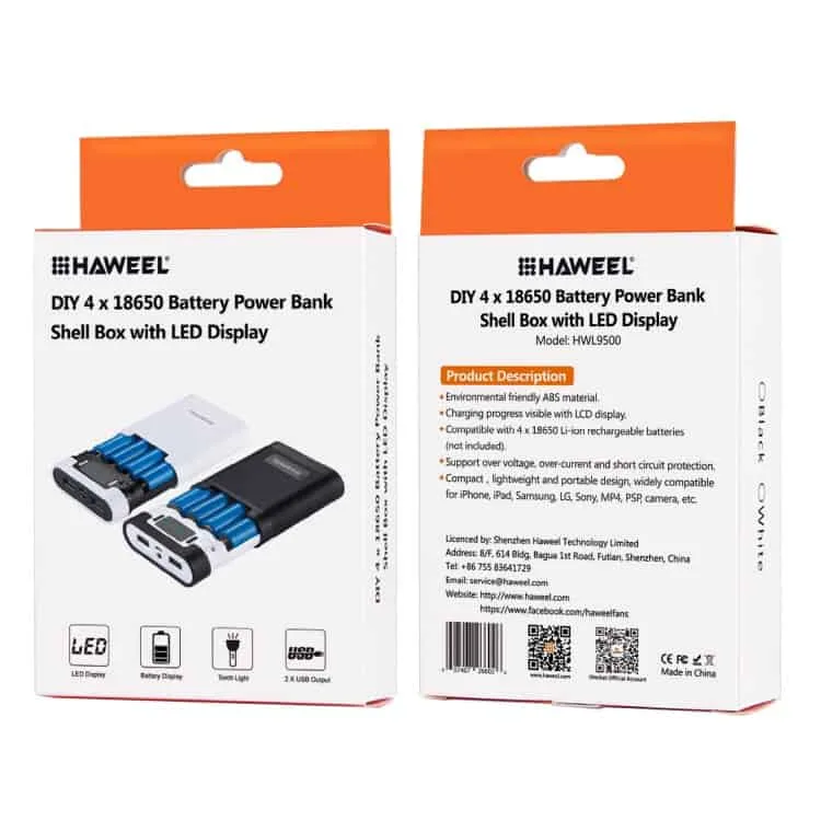 haweel diy 4x 18650 battery (not included) 10000mah power bank shell box with 2x usb output & display