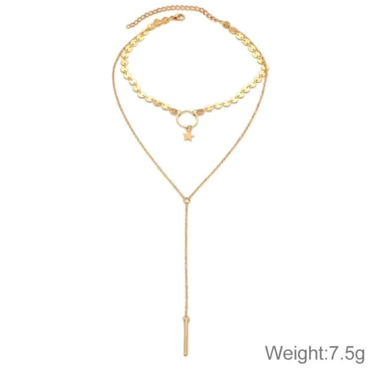 handmade sequins star tassels circle clavicle chain long pendant double layer chain (gold)
