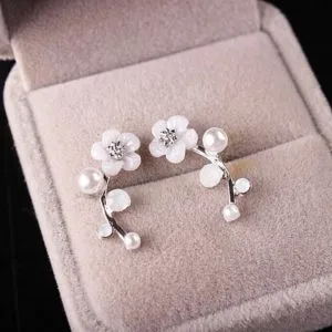 fresh bead diamond shape flower stud earrings fashion silver plated leaf garland earrings 1 pair for ladies