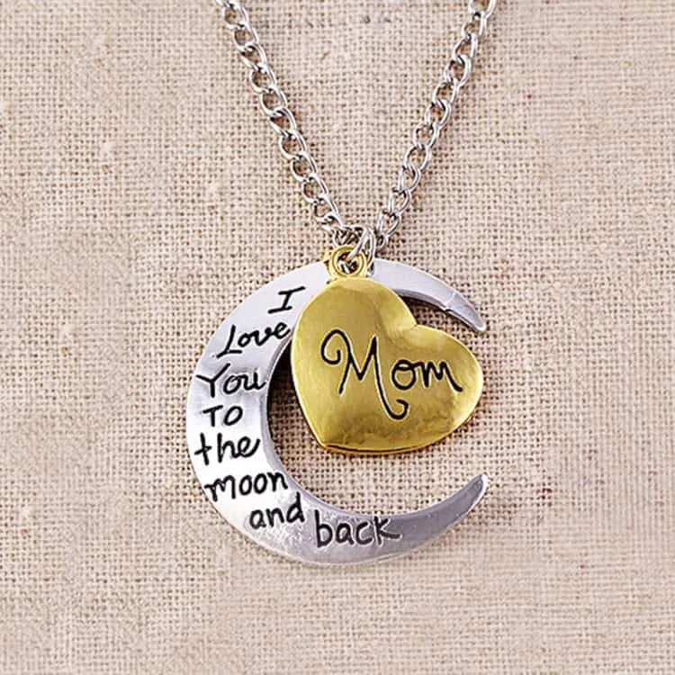 half moon shaped alloy plated pendant necklace with greetings engraved at the backside for family, diameter 3cm, perimeter 9.4cm (silver+gold)