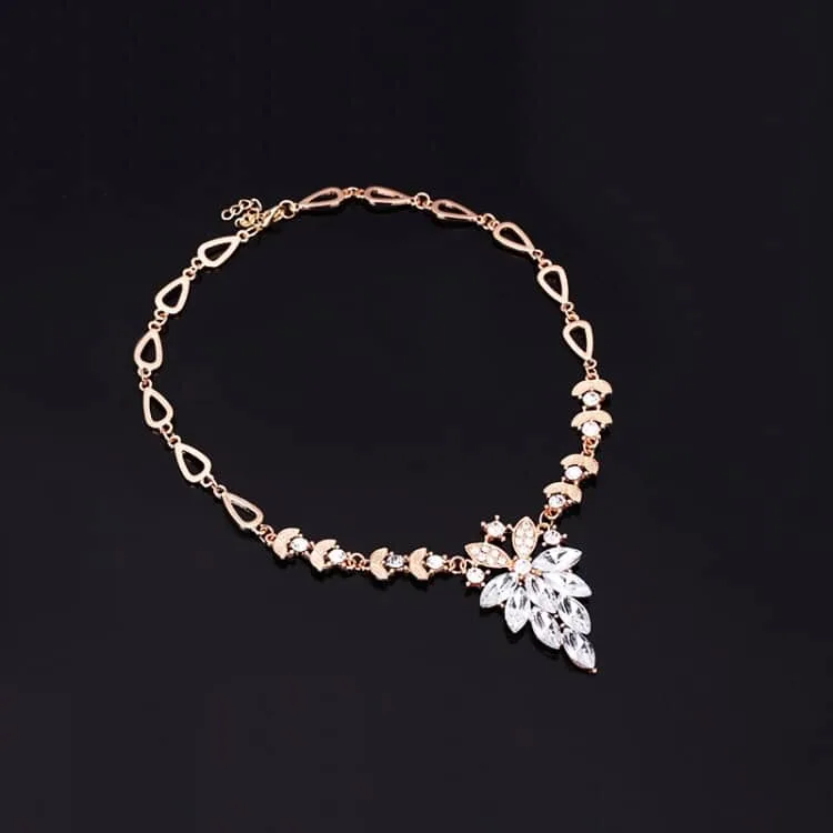 fashion diamond shape leaves flowers necklaces rings jewelry 2 pcs set for women (white)