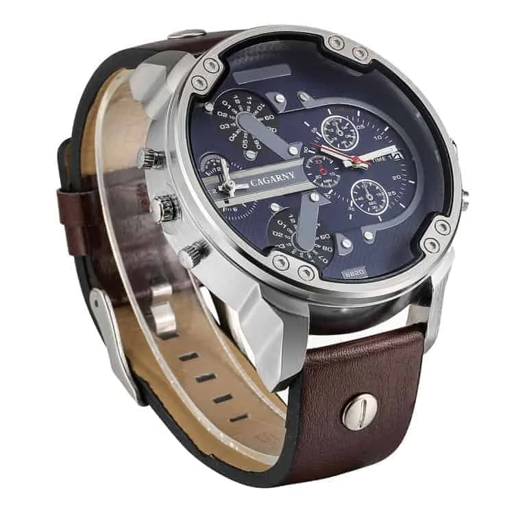 cagarny 6820 fashionable multifunctional style quartz business sport wrist watch with leather band & gmt time & calendar & luminous display for men (brown)