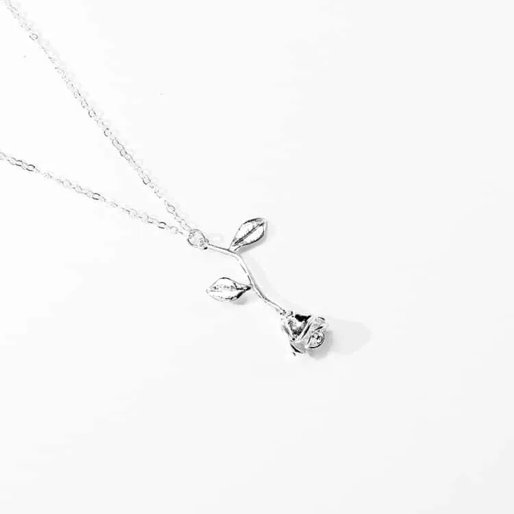 valentines day gift rose flower pendant jewelry chain necklace (silver)
