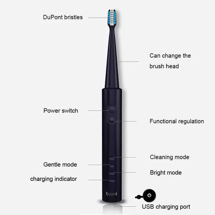 usb wireless charge sonic electric toothbrush adult oral hygiene rechargeable ultrasonic tooth brush with 4 brush heads (black plating)