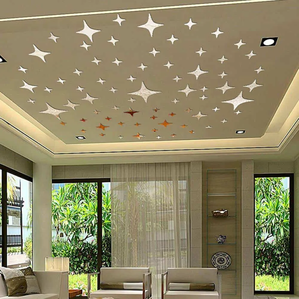 3d mirror wall stickers acrylic stars, diy ceiling tv wall stickers home decor wall stickers home decor (gold)
