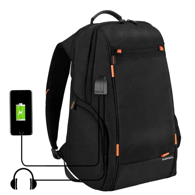 haweel multi function outdoor breathable comfortable casual backpack laptop bag with handle, external usb charging port & earphone port (black)