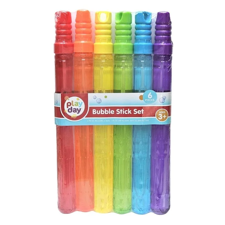 play day bubble maker stick toy with 30 ounce bubble solution, 6 pack, multiple colors, child ages 3+