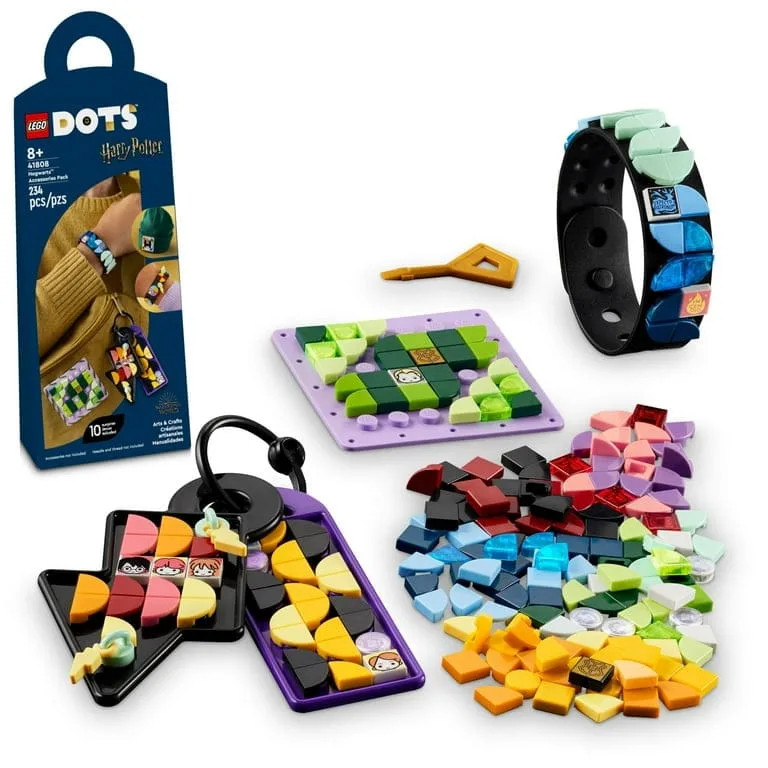 lego dots hogwarts accessories pack 41808, harry potter themed jewelry making kit with bracelet, 2 bag tags and stich on patch, diy craft toy set for kids