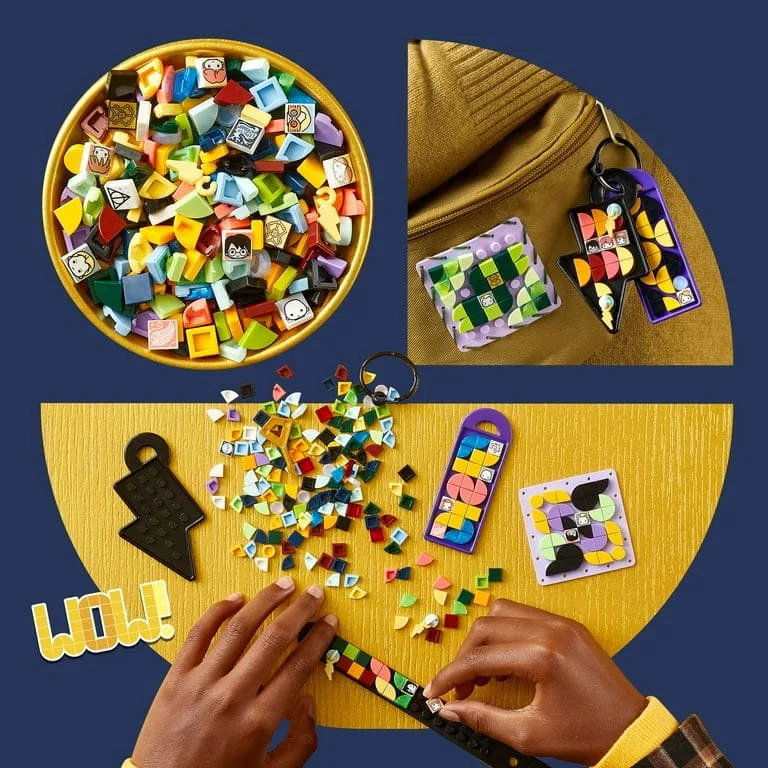 lego dots hogwarts accessories pack 41808, harry potter themed jewelry making kit with bracelet, 2 bag tags and stich on patch, diy craft toy set for kids