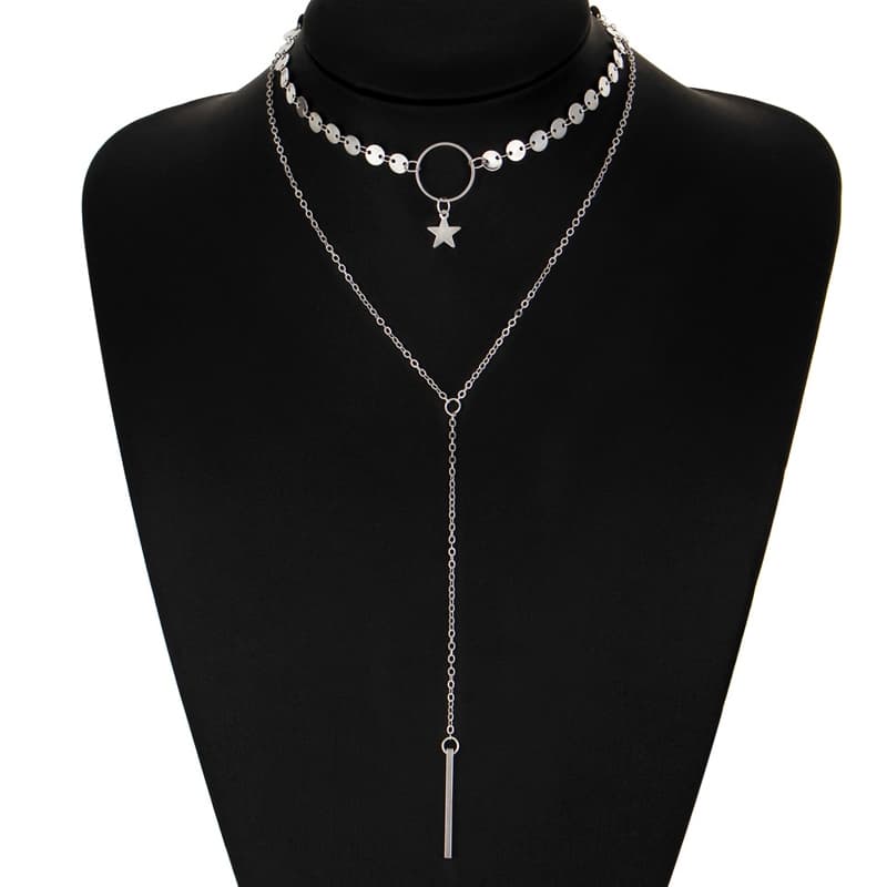 handmade sequins star tassels circle clavicle chain long pendant double layer chain (silver)