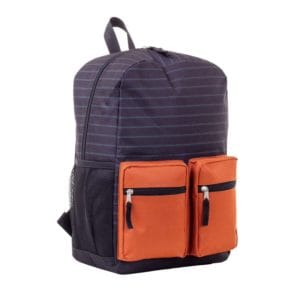 jetstream twin pocket backpack, orange and stripes, multi pocket backpack
