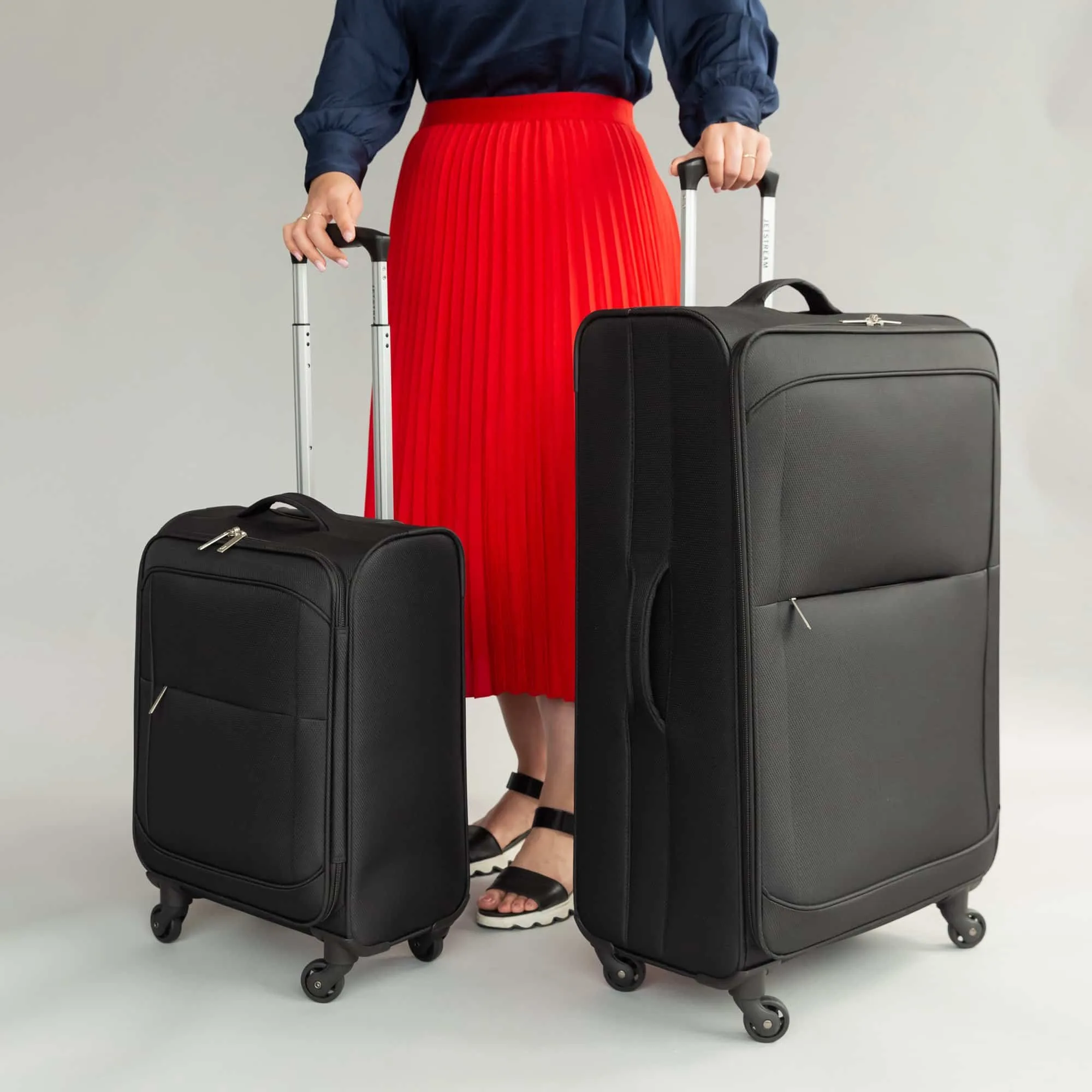 jetstream softside rolling spinner upright set checked and carry on luggage duo, black