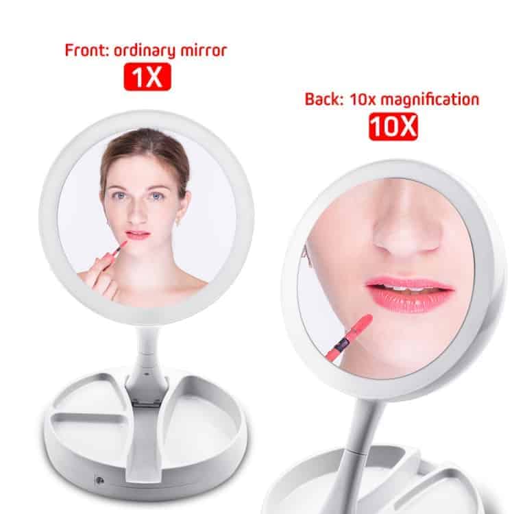 makeup mirror with light portable 360 rotating beauty three fold double sided dressing mirror table lamp(white)