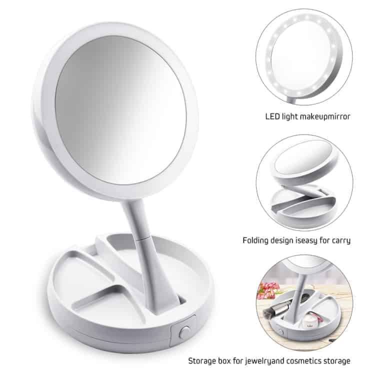 makeup mirror with light portable 360 rotating beauty three fold double sided dressing mirror table lamp(white)