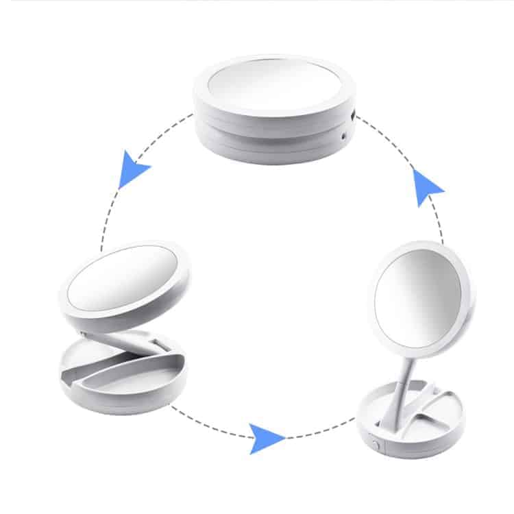 makeup mirror with light portable 360 rotating beauty three fold double sided dressing mirror table lamp(white)