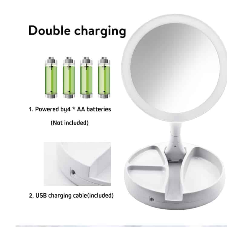 makeup mirror with light portable 360 rotating beauty three fold double sided dressing mirror table lamp(white)