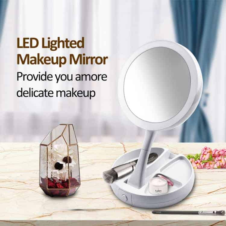 makeup mirror with light portable 360 rotating beauty three fold double sided dressing mirror table lamp(white)