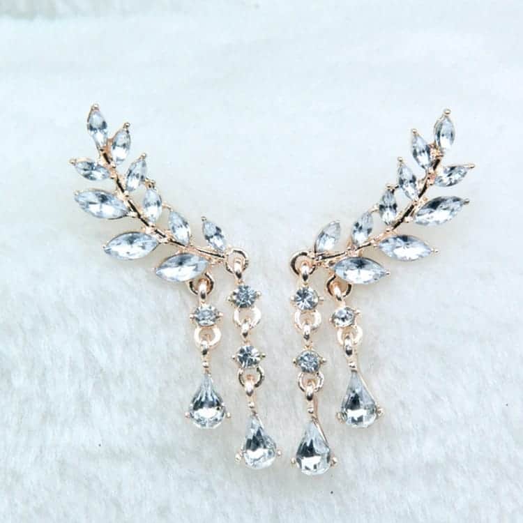 women crystal leaf fringed earrings (silver) women crystal leaf fringed earrings (silver)