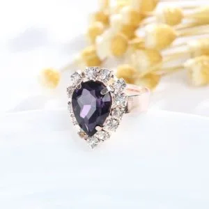 3 in 1 gold chain water drop shape crystal earrings necklace adjustable rings set women jewelry sets(purple)