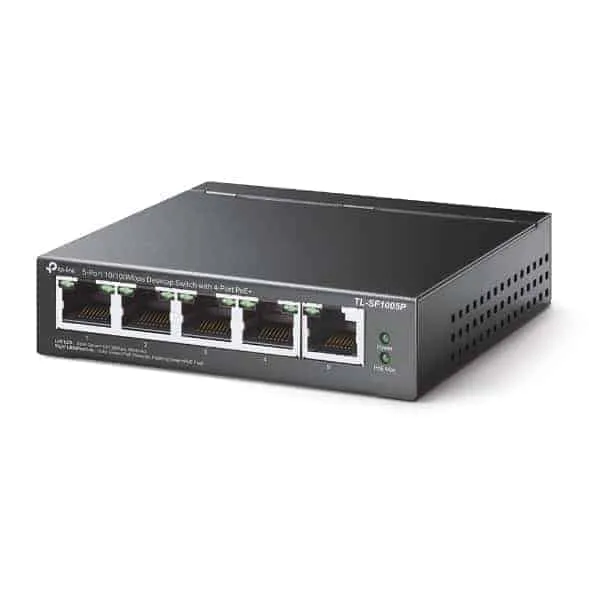 tp link 5 port 10/100mbps desktop switch with 4 port poe+ tl sf1005p