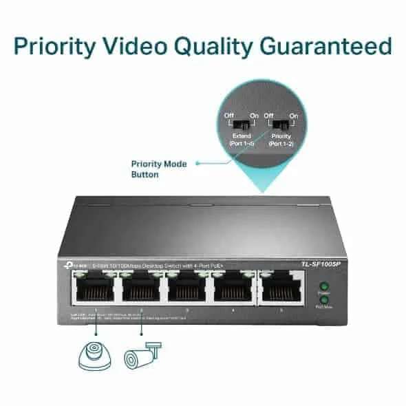 tp link 5 port 10/100mbps desktop switch with 4 port poe+ tl sf1005p