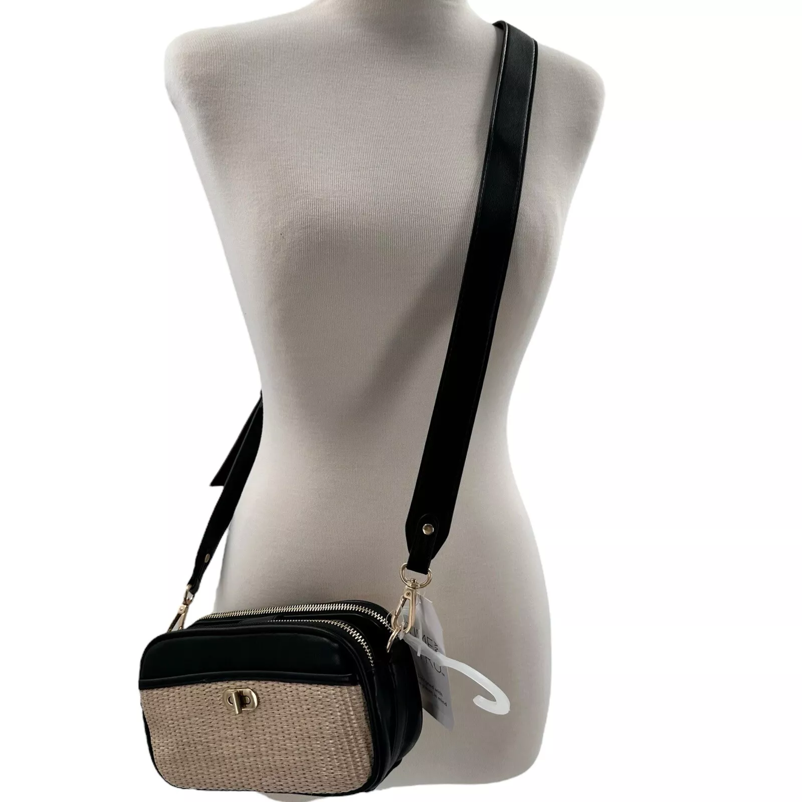 time and tru women’s annamarie woven cross body bag black gold w/tan straw
