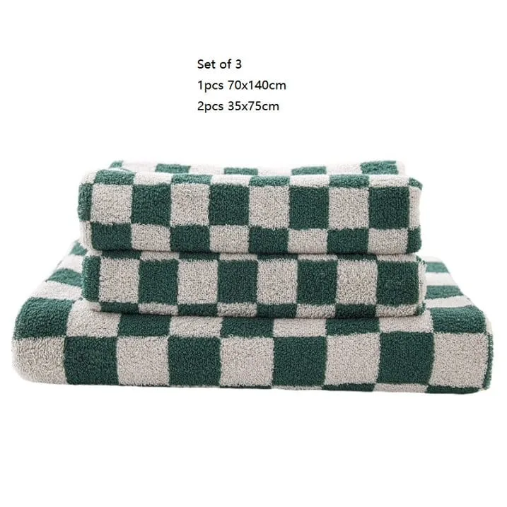 qiutian 3pcs luxury checkered bath towels set 2pcs 35x75cm and 1pcs 70x140cm cotton plaid skin friendly bathroom face hand hair towels