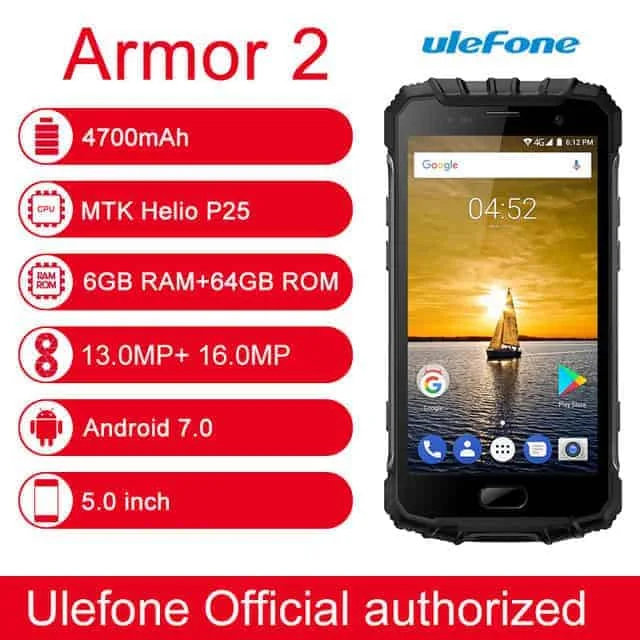 ulefone armor 2 triple proofing phone, 6gb ram+64 gb