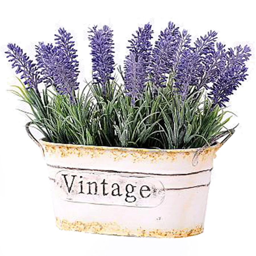 faux lavender in tin pot