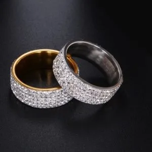 stainless steel eternity ring for wedding band engagement promise high quality crystal and rhinestones inlaid circle round (silver)