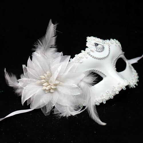 Halloween Masquerade Party Dance Plating Side Flower Feather Venice Princess Mask (White)