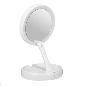 makeup mirror with light portable 360 rotating beauty three fold double sided dressing mirror table lamp(white)