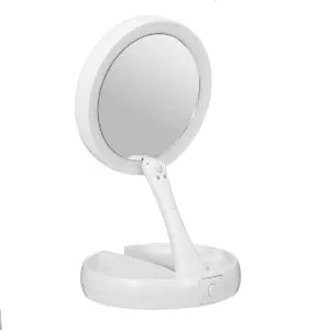 makeup mirror with light portable 360 rotating beauty three fold double sided dressing mirror table lamp(white)