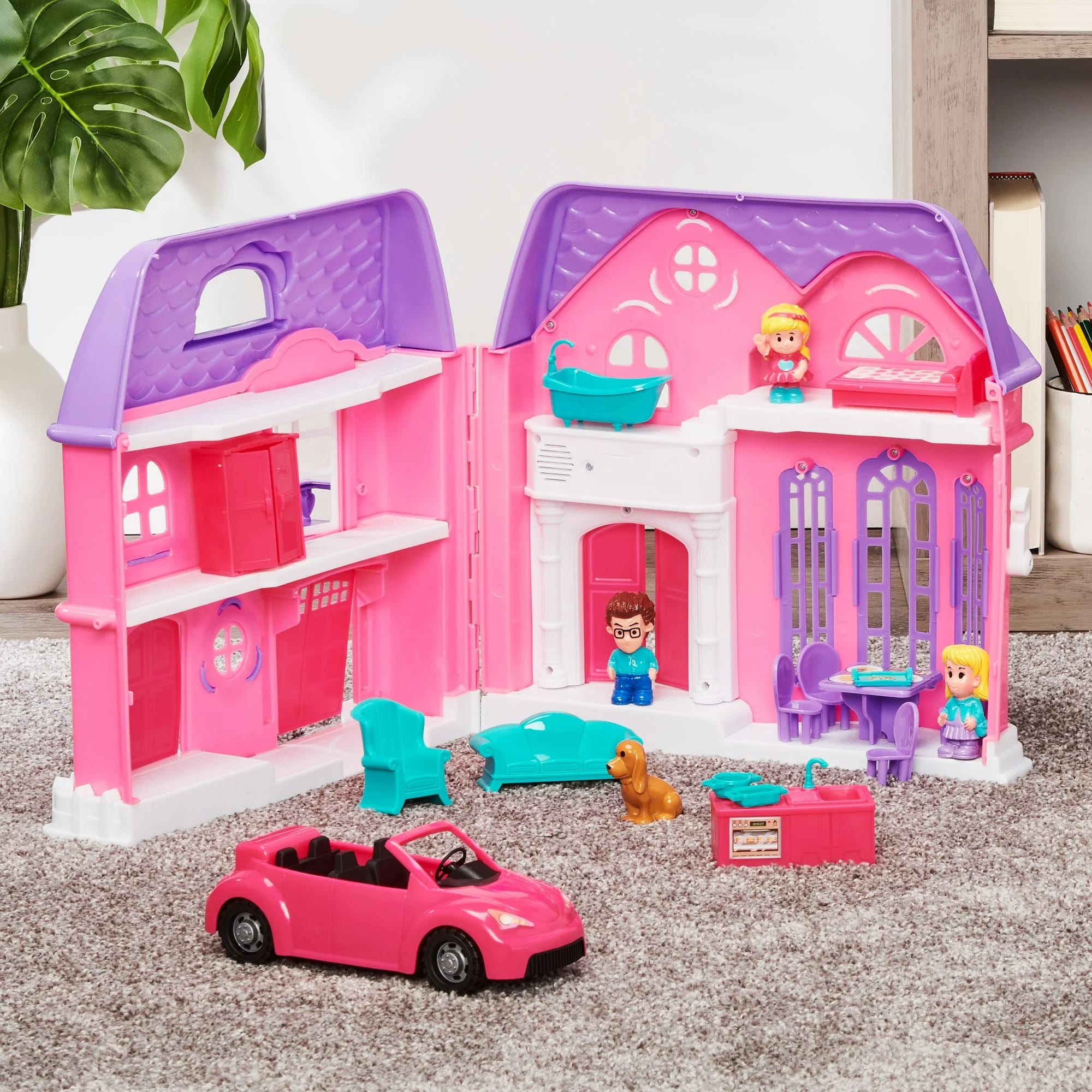 kid connection folding dollhouse with family car, 21 pieces kid connection folding dollhouse with family car, 21 pieces